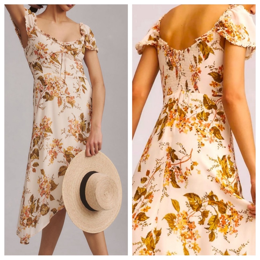 Worn Once Anthropologie Reformation Maebry Dress Ivory Floral Viscose Midi Sz 8